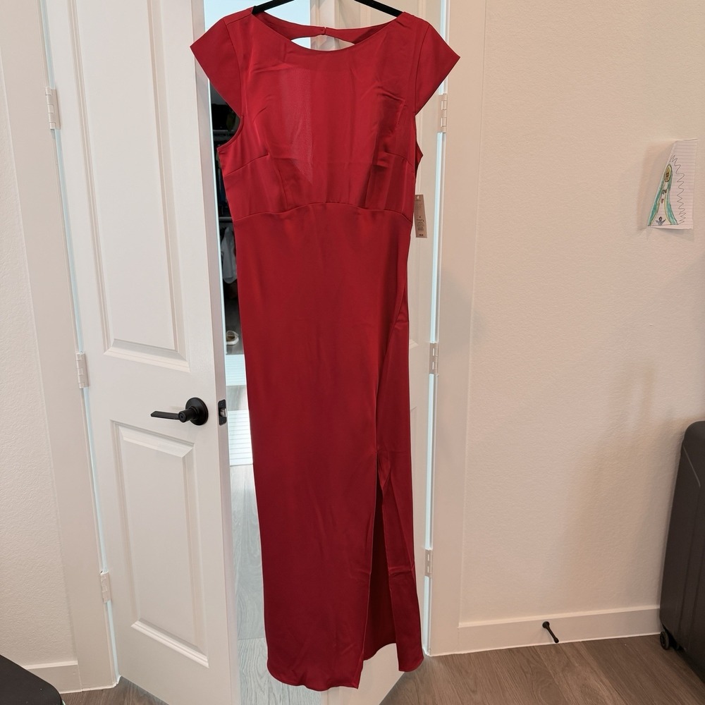 A New Day Red Maxi Dress Long Cap Sleeve Lined Side Slit Polyester XL